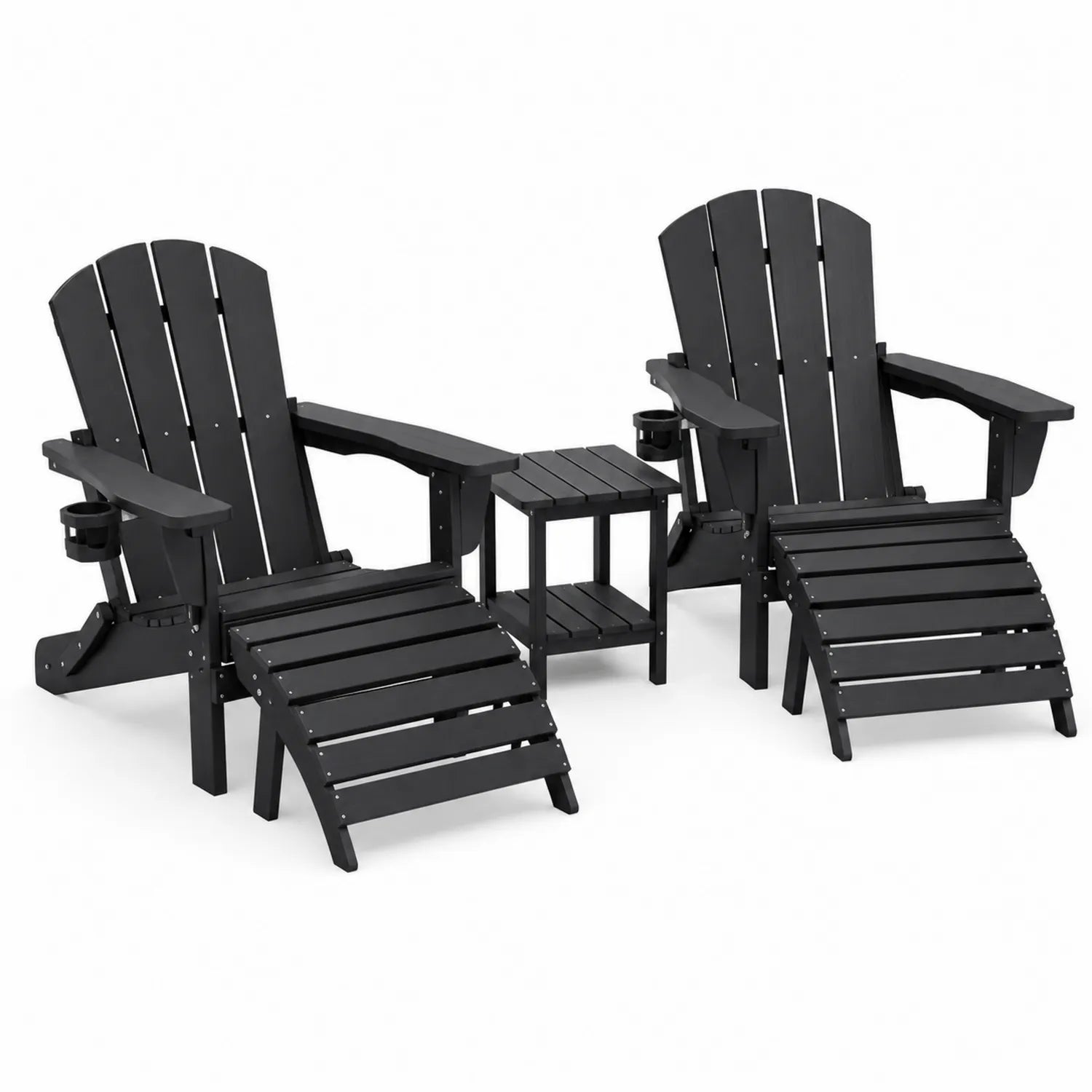 Adirondack-Stuhlset aus Polyholz mit Tisch und Fußhocker, Schwarz