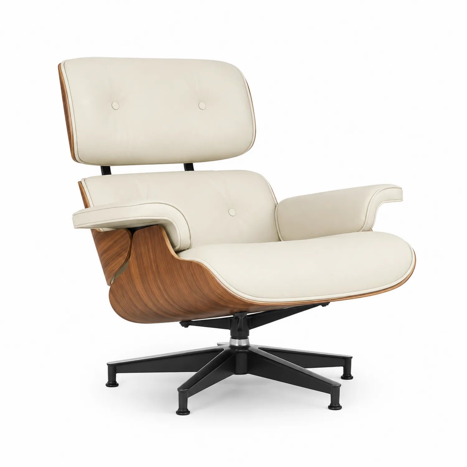 Drehbarer Holz-Lounge Chair mit Anilinlederpolsterung Creme