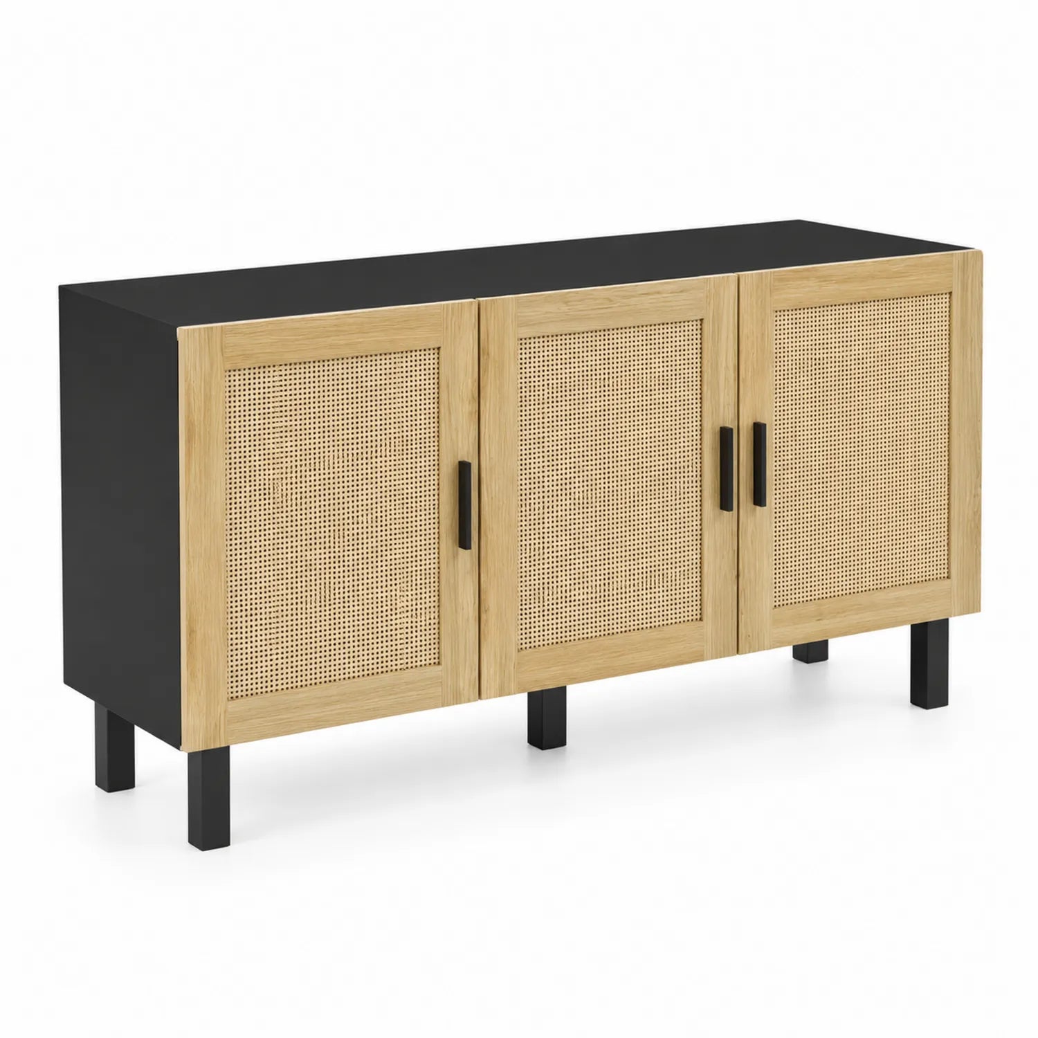 Sideboard mit Geflecht Türen aus Holz und Metall in Schwarz und Natur