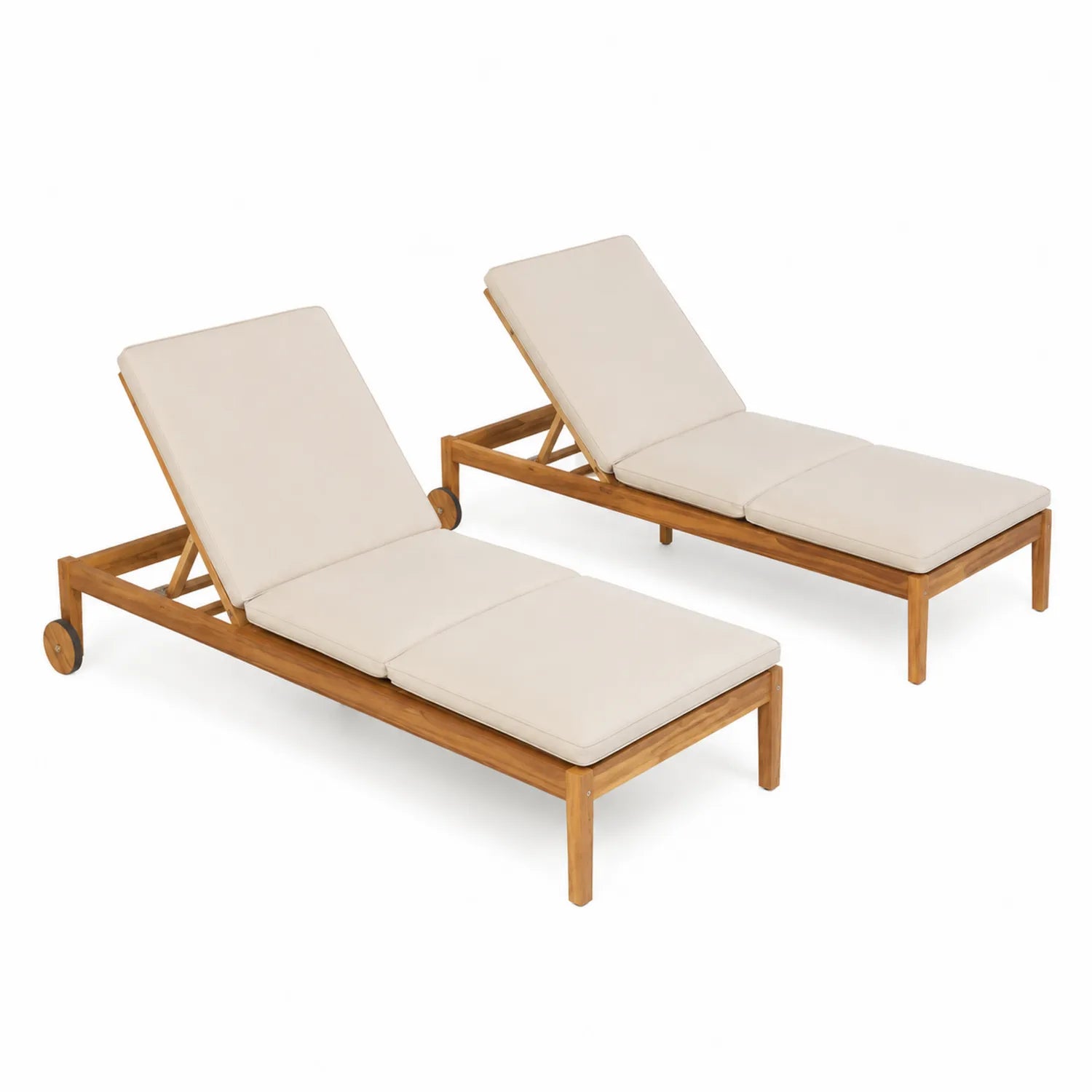 2er Set Akazienholz Sonnenliege mit Polyesterkissen, Braun/Beige, 200x60x35 cm