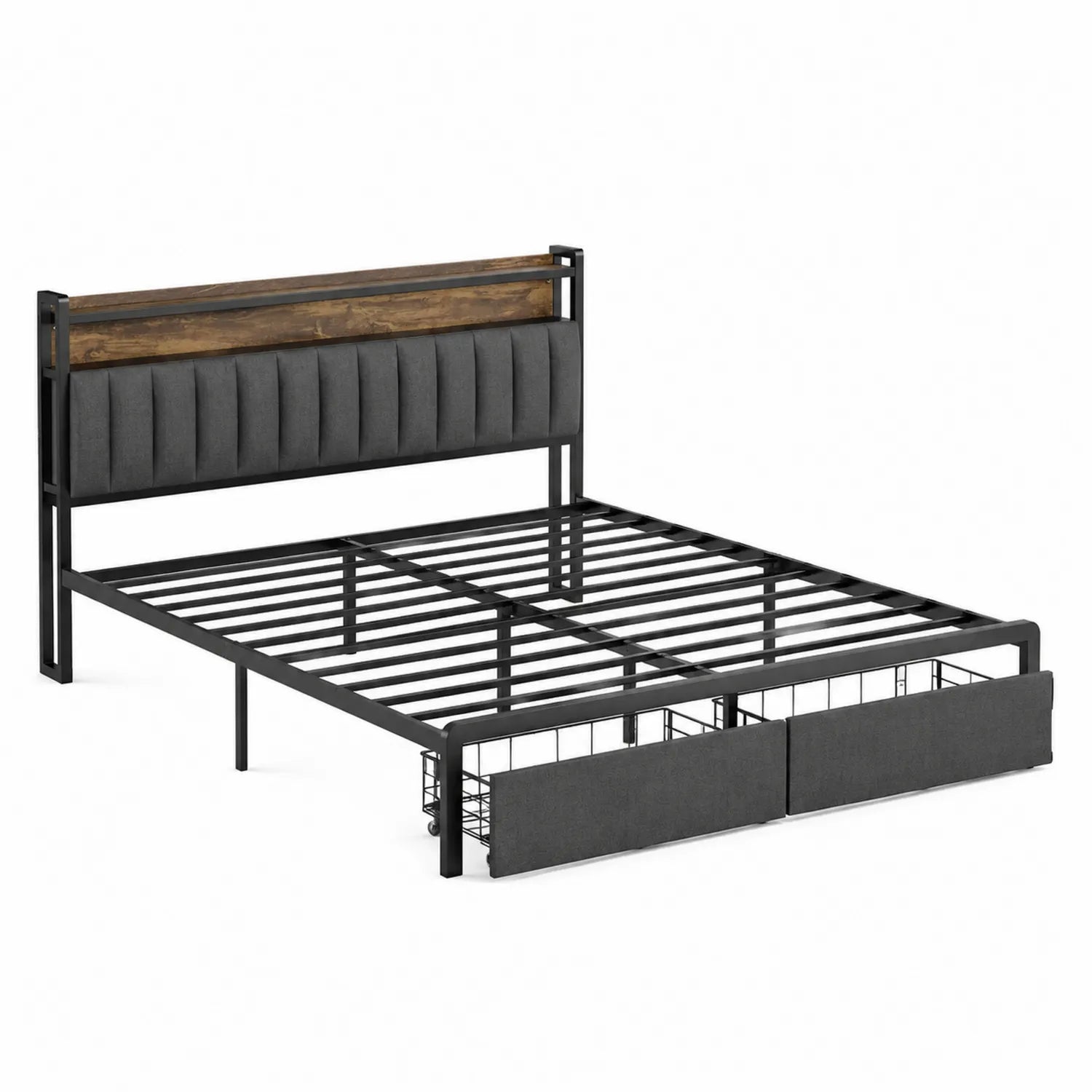 Metallbett mit Holzkopfteil und Stoffpolsterung 200x160 cm Anthrazit