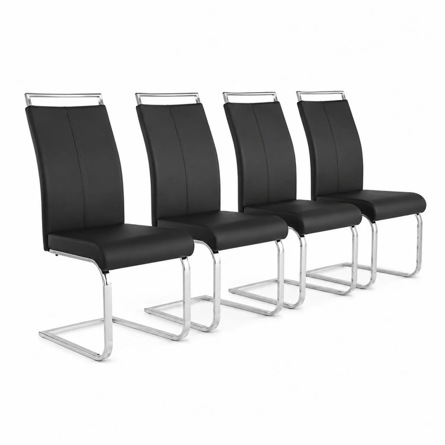 4er Set Freischwinger Esszimmerstühle mit Kunstleder Schwarz und Edelstahlrahmen