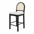 Holz Barhocker mit Polstersitz und Rattangeflecht Rückenlehne Schwarz/Beige