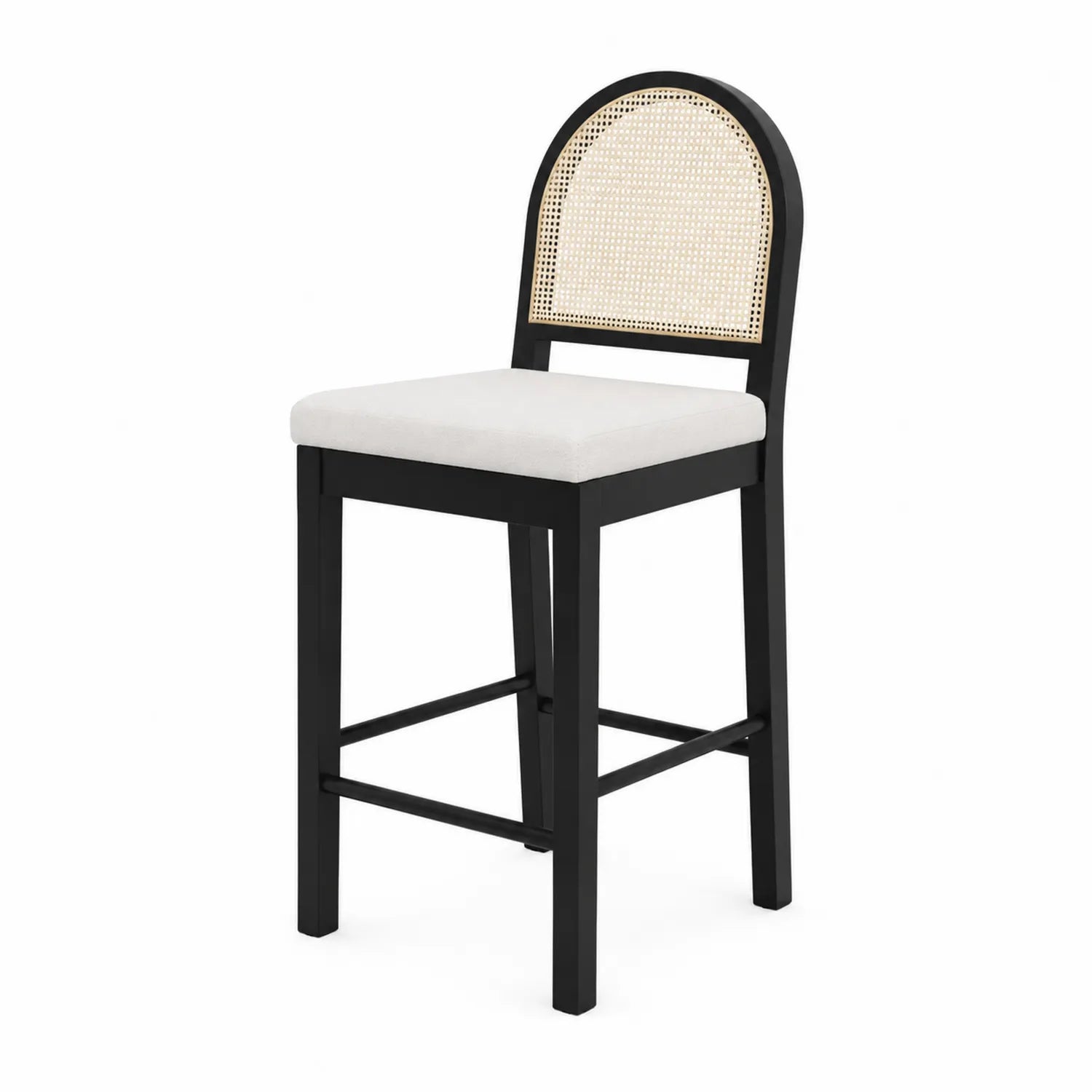 Holz Barhocker mit Polstersitz und Rattangeflecht Rückenlehne Schwarz/Beige