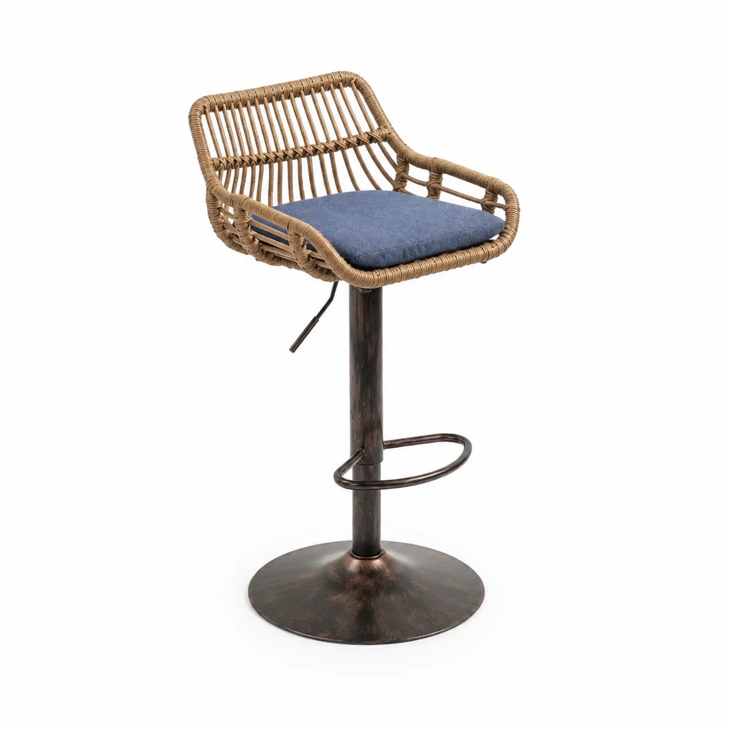 Barhocker aus Rattan mit blauem Stoffpolster höhenverstellbar